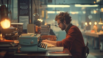 A man sitting at a desk with an old fashioned typewriter. Generative AI.
