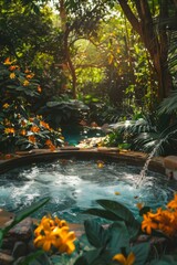 Canvas Print - A hot tub surrounded by tropical plants and flowers in a lush garden. Generative AI.