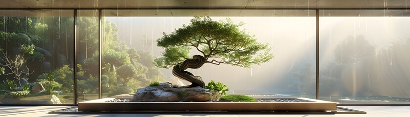 Poster - Bonsai Tree in Serene Meditation Space Exuding Artful Tranquility and Minimalist Elegance