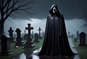 A scary figure in a black cloak, a ghost, in dark foggy cemetery. Halloween concept poster.