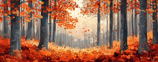 Poster - Copper toned Beech Forest Splendor in Autumn Landscape with Lush Foliage Carpet and Serene Woodland Path