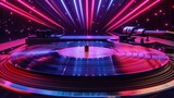 Fototapeta Perspektywa 3d - This 3D animation captures a vintage turntable and vinyl record, bathed in neon light, channeling a retro wave aesthetic perfect for music and nostalgic themes.
