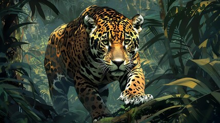 Wall Mural - A Stealthy and Powerful Jaguar Stalking Through the Lush Amazon Rainforest Blending Beauty and Might