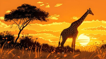 Sticker - Graceful Giraffe Silhouette Dining on Savannah Treetops at Vibrant Sunset