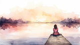 Fototapeta  - A woman sits on a dock by a lake, watching the sun set