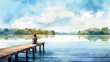 Fototapeta  - A woman sits on a dock by a lake, watching the sun set