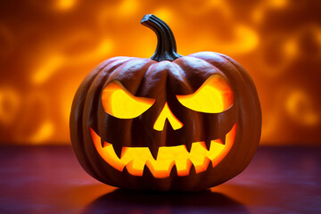 Generative ai on theme of large scary pumpkin with cut out eyes for celebration holiday Halloween