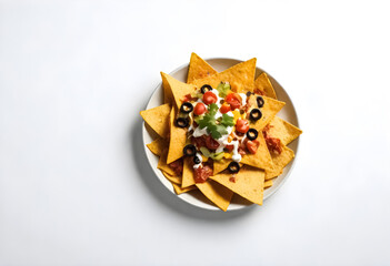 a plate of nacho chips with a side of dip and salsa