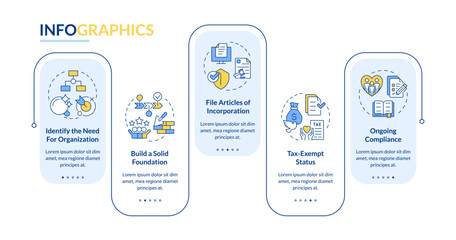 Sticker - Steps to start NPOs blue rectangle infographic template. Work of NGO. Data visualization with 5 steps. Editable timeline info chart. Workflow layout with line icons. Lato-Bold, Regular fonts used