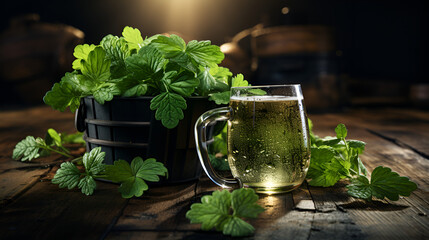 Wall Mural - Flowing water, moss on stones, green leaves, transparent teacups Pale yellow tea,Gass of cold beer with hops