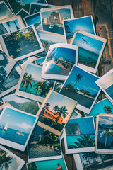 Wall Mural - Collection of vintage polaroids depicting travel memories on a wooden surface