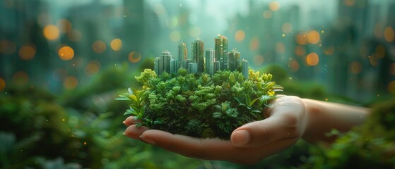 Poster - Green city concept in hand, cutting plants' leaves