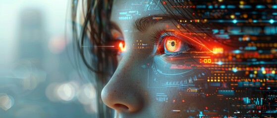 Fototapete - Artificial intelligence, internet of things technology, internet communication in modern city infrastructure system. Skyscrapers. 3D rendering.