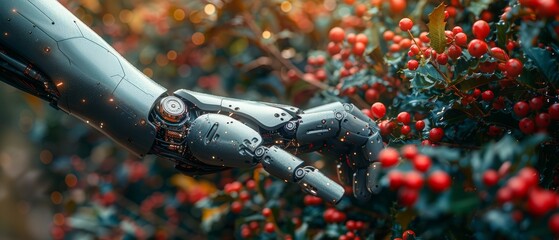 Poster - Background in modern technology style. Christmas decorations in cyborg arm. Robot hand decoration of christmas tree. Artificial intelligence greets the new year. Banner.