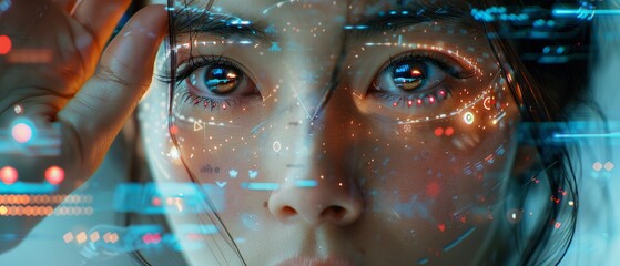 Poster - The AI AI concept of a robot woman or female cyborg working on a three-dimensional holographic interface. Cybernetic hand pressing button and beautiful face. Anthropomorphic Artificial intelligence AI