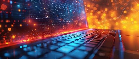 A webinar of technology web development. Laptop with education materials and a computer screen with the programming interface. Online tutorial of artificial intelligence programming.