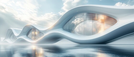 Fototapete - A low angle view of futuristic architecture, a skyscraper with curved glass windows...