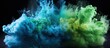 Green, blue colored powder explosions on black background