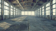 3d rendering of an empty warehouse with a lot of windows. 3d rendering of large hangar building and concrete floor and open shutter door in perspective view for background Generative AI