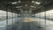 © Pavithiran - 3d rendering of an empty warehouse with a lot of windows. 3d rendering of large hangar building and concrete floor and open shutter door in perspective view for background Generative AI