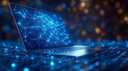 Leinwandbilder - An abstract blue laptop with a graph going down. Financial crisis concept. Low poly style design. Blue geometric background. Wireframe light connection structure. Modern 3D graphic. Modern