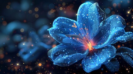 Fototapete - A blue flower and the number 2021 Year. Greeting card. Abstract geometric background. Wireframe light structure. Modern 3D graphic concept. Isolated modern illustration.