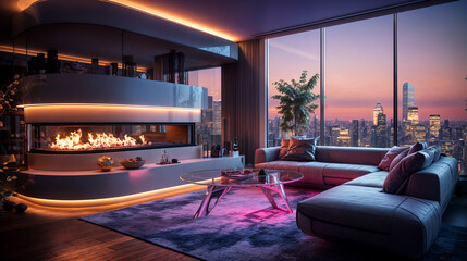 Wall Mural - futuristic luxury apartment with a modern chimney, violet LED lights and a beautiful view on a city