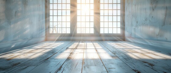 Fototapete - Sunlight casting shadows on white space and dark laminate wood floor, classic interior style. Blank space architecture.