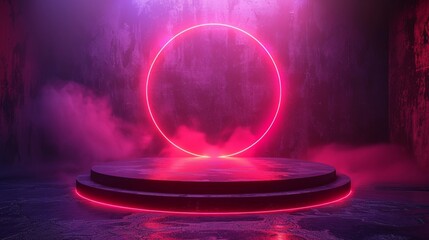 Poster - Exhibition podium with a neon circle isolated on purple background - Empty space for your product on the podium
