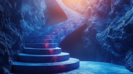 Wall Mural - The path to success is shown on a blue background with a futuristic polygonal staircase. An abstract modern illustration of a path.