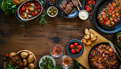 Wall Mural - A large table is covered with a variety of food, including meat, vegetables