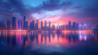 A serene cityscape under a vibrant sunset, with the skyline's lights reflecting beautifully on the calm water surface