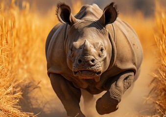 a rhinoceros charges across a field of dry grass