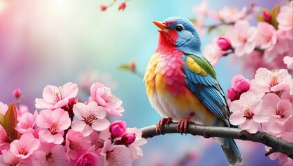 Wall Mural - Beautiful bird's singing , standing in cherry blossom branch