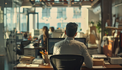 Canvas Print - A man is sitting at a desk in an office with a laptop in front of him