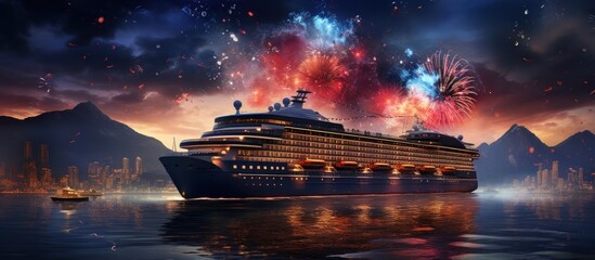 Sticker - Harbor and cruise ship at colorful sunset with fireworks