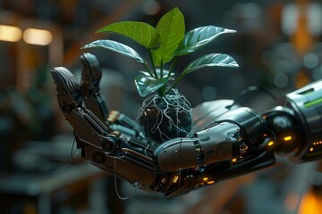 Wall Mural - A 3D sprout in the palm of a robotic hand, synthesis of life and AI