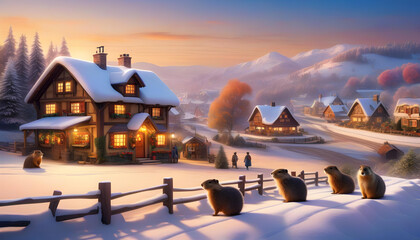 Wall Mural - A snowy town square with a wooden cottage and villagers standing around