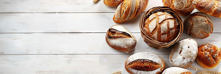 Wall Mural - Breadbasket with different bakery products on wooden background . Modern cover header background banner with space for text, top view Cover ads banner, flyer, Blank