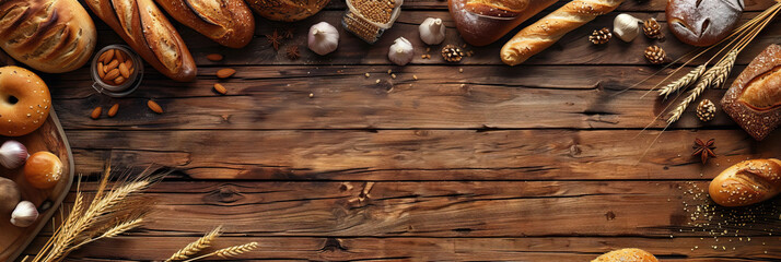 Wall Mural - Rustic bakery concept . wooden background . Modern cover header background banner with space for text, top view Cover ads banner, flyer, Blank