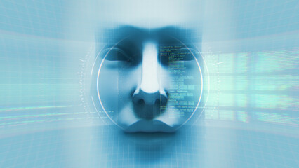 Close in on a synthetic face with streams of data and digital glitch.