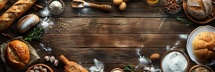 rustic bakery concept . wooden background . modern cover header background banner with space for tex