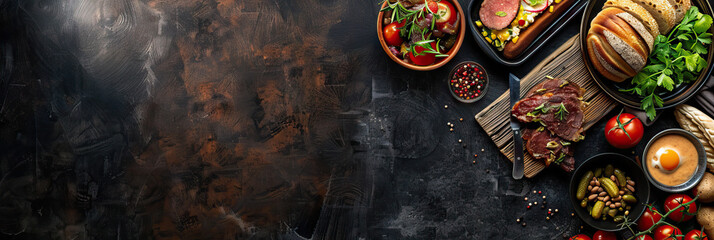 Wall Mural - Table scene with a selection of delicious foods. Top view over a dark wood banner background . Modern cover header background banner with space for text, top view Cover ads banner, flyer, Blank