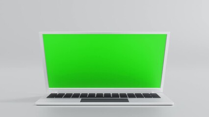 Wall Mural - laptop spin move in and open green screen and move out then close screen display, application websit