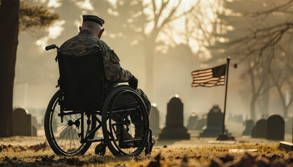 Wall Mural - A man in a wheelchair is sitting in a cemetery