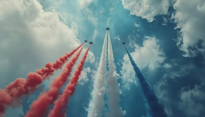 Three fighter jets are flying in the sky, leaving a trail of red, blue