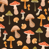 Fototapeta Pokój dzieciecy - Mushrooms pattern. Seamless background, fall forest print. Endless fungi texture design. Autumn fungus, repeating backdrop for wrapping, fabric, textile. Printable repeatable flat vector illustration