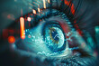 Futuristic visualization of a financial graph on a human eye background, indicating stock market trends