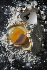 Preparation of healthy food, pasta or bread, with a fresh egg cracked into flour for dough. Homemade cooking and nutritious ingredients coming together for a wholesome meal.