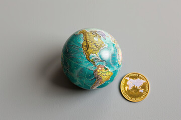 A globe-shaped moneybox with a golden dollar coin, illustrating global economic concepts